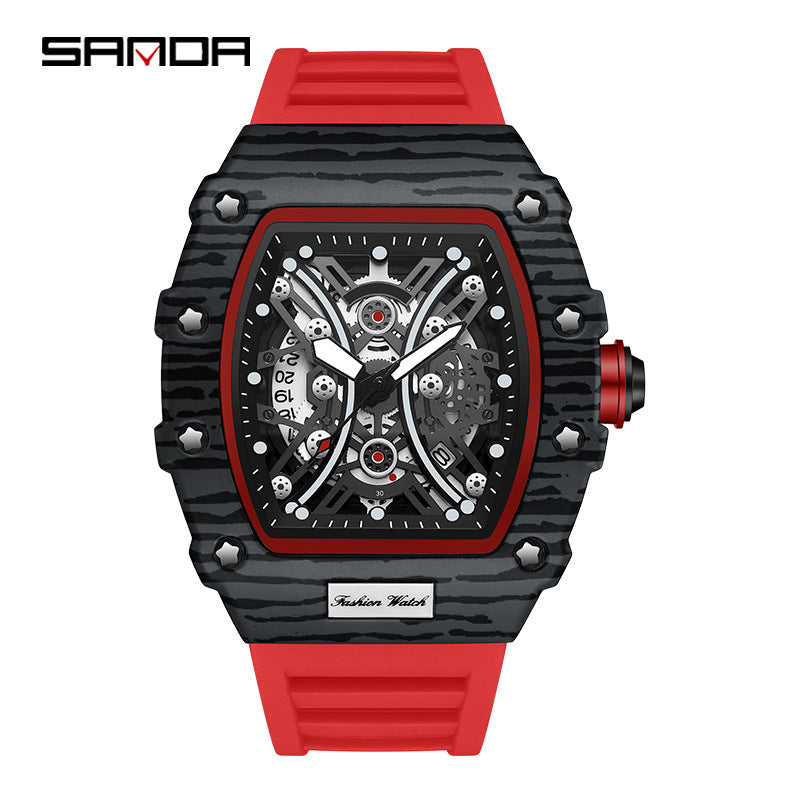 SANDA Men’s Quartz Watch – Luminous Calendar, Hollow Tonneau Dial, Casual Waterproof