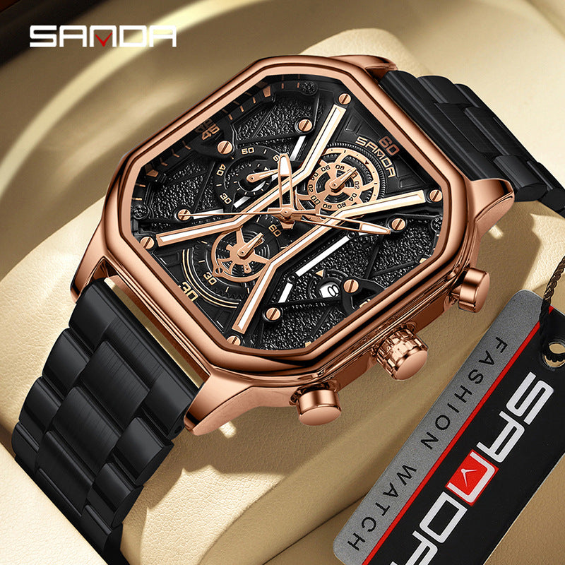 SANDA Men's Square Quartz Watch – Luminous Calendar Waterproof Stainless Steel Strap