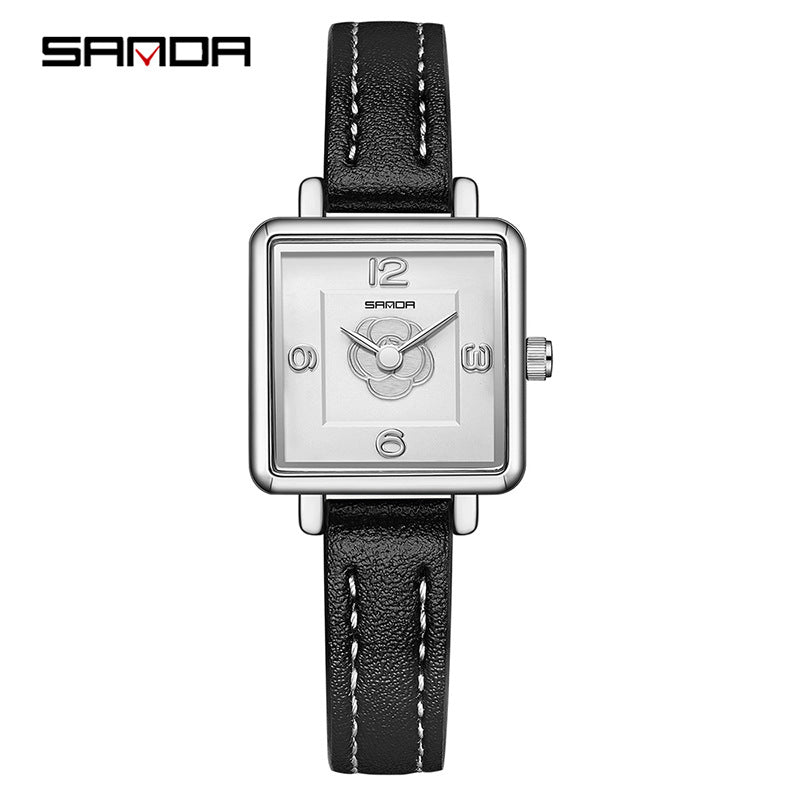 Sanda Women’s Square Quartz Watch – Waterproof Leather Strap Casual Analog Watch