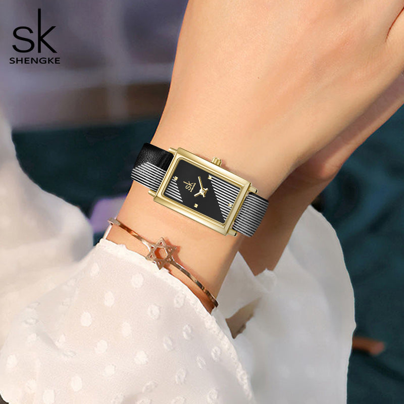 SK Women’s Quartz Watch – Creative Rectangle Dial, Leather Strap, Waterproof Wristwatch