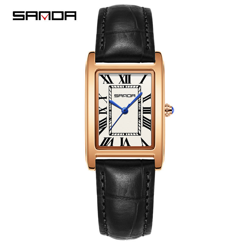 SANDA Retro Square Quartz Watch – Leather Strap Casual Watch for Men & Women