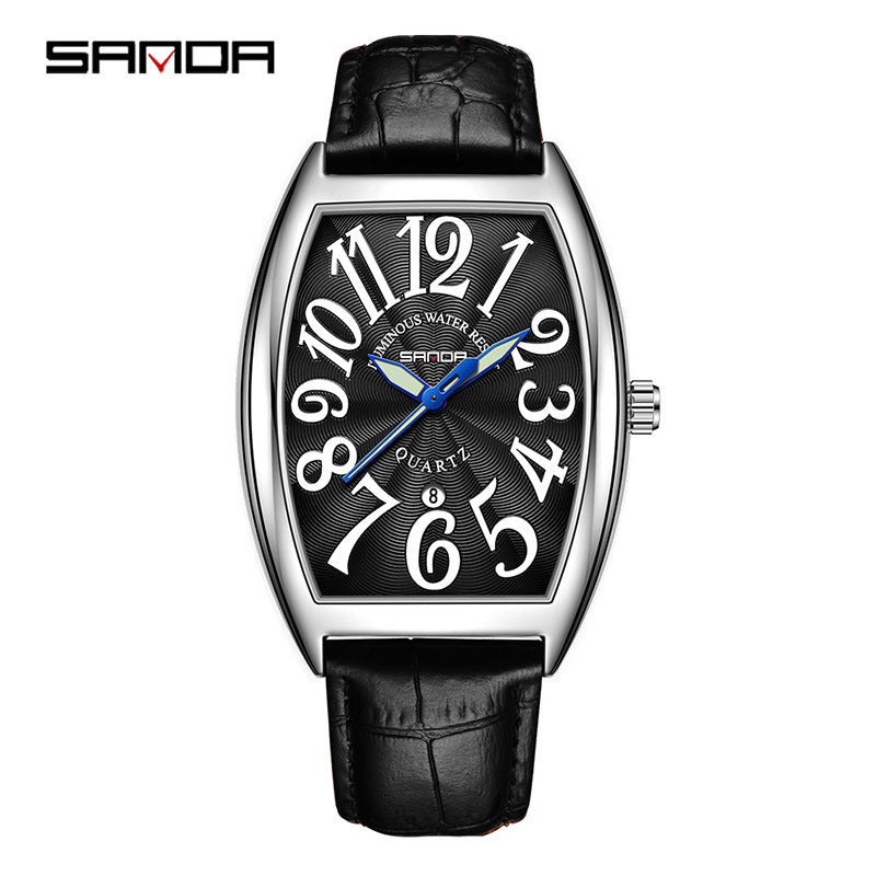 Sanda Men’s Quartz Digital & Analog Watch – Leather Strap Barrel Dial with Calendar