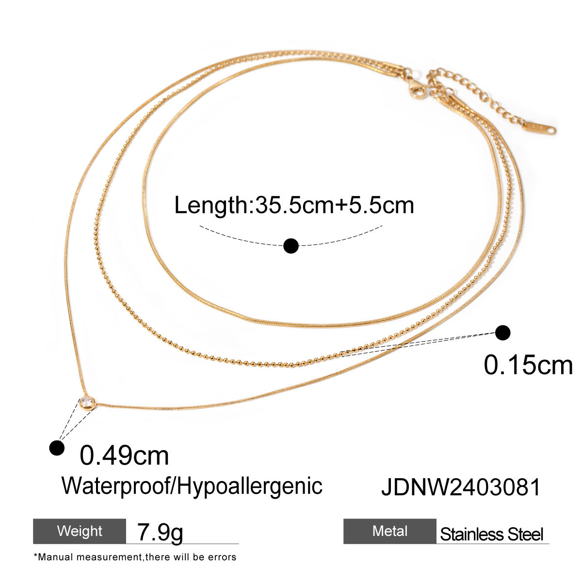 Gold Layered Rhinestone Pendant Necklace – Stainless Steel Triple Chain Jewelry