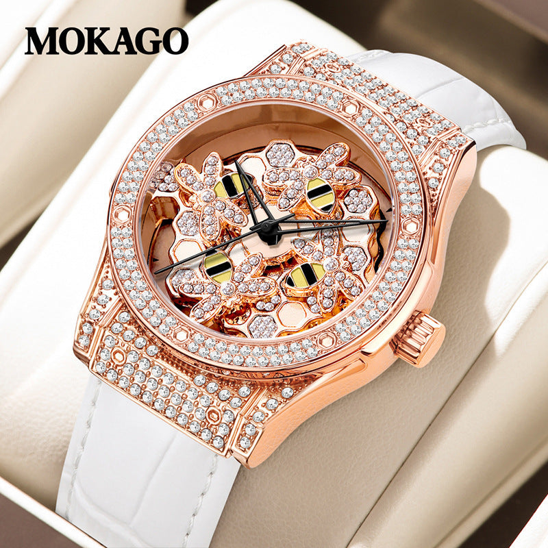 MOKAGO Women’s Quartz Watch – Diamond Hollow Dial, Leather Strap, Waterproof Timepiece