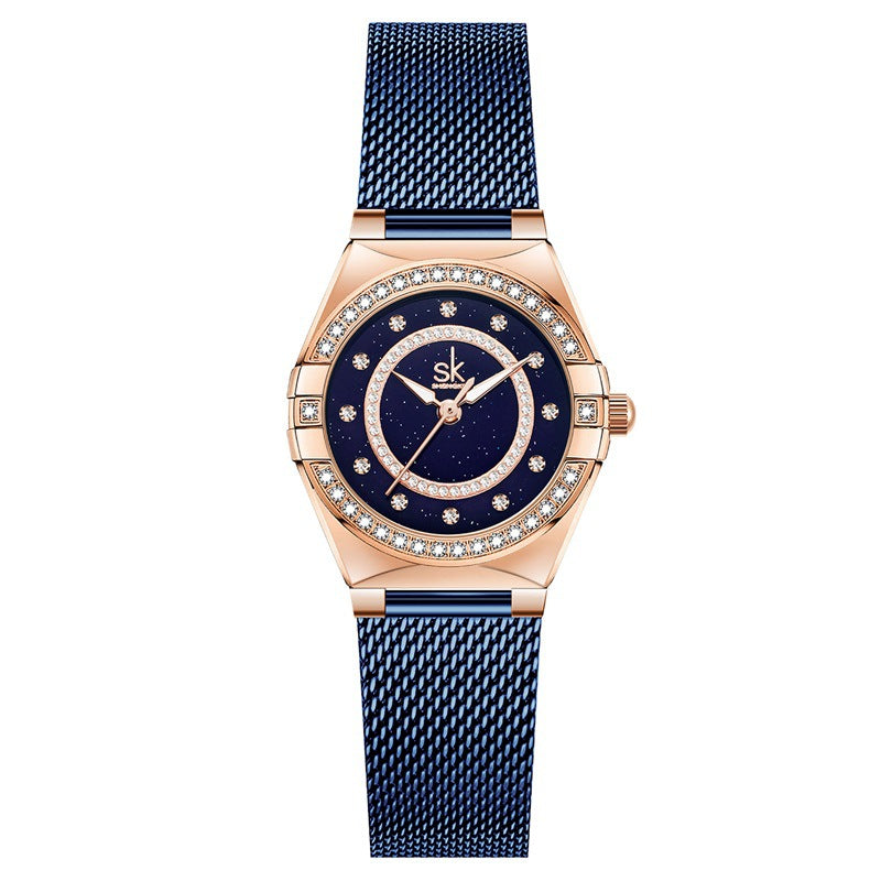 SK Women’s Diamond Quartz Watch – Starry Sky Dial, Leather & Milan Mesh Strap