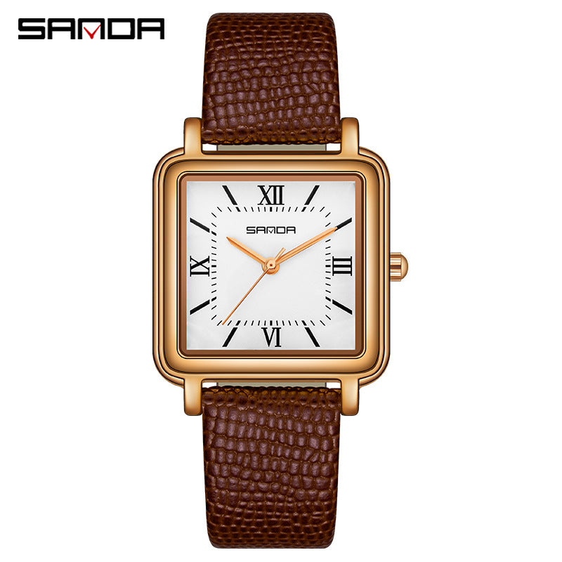 SANDA Women’s Square Quartz Watch – Retro Leather Strap with Roman Numerals