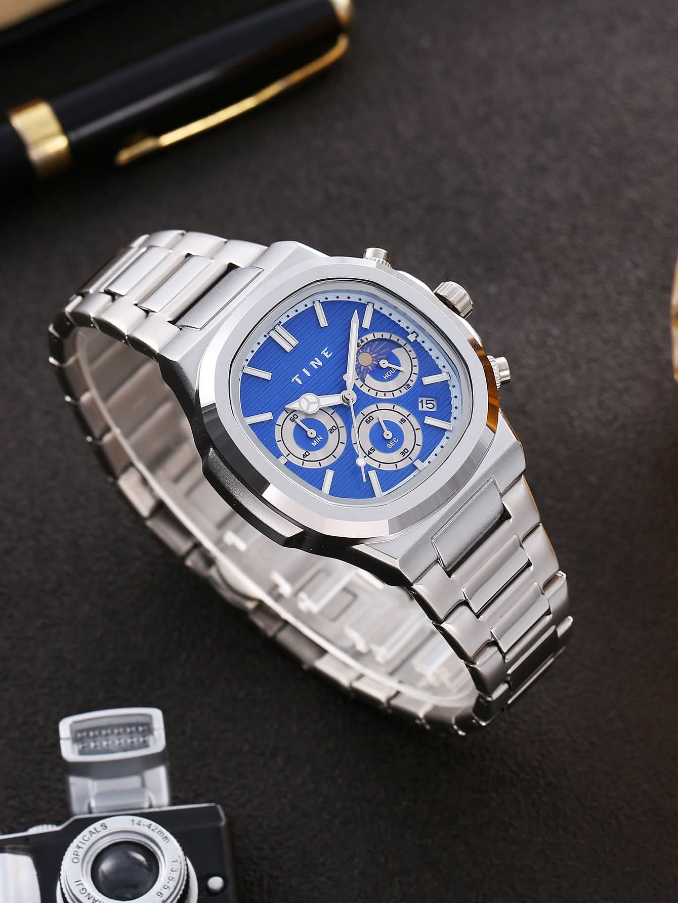 Men's Octagonal Moon Face Quartz Watch – Chronograph, Luminous Dial