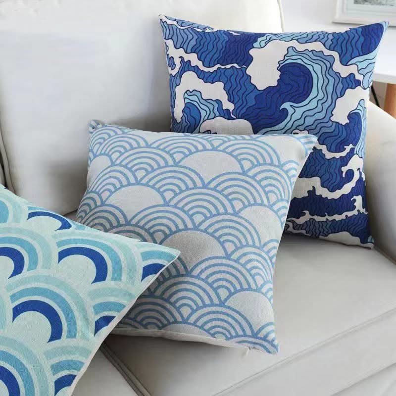 1 pc Mediterranean Sofa Cushion – Blue Square Pattern, Jacquard Cotton & Linenow