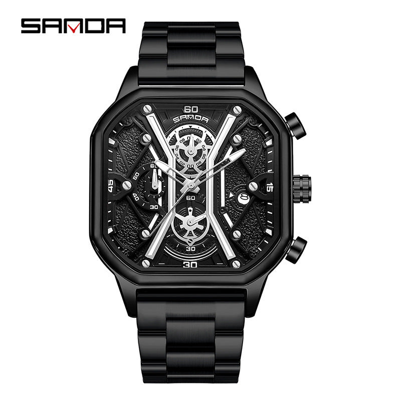 SANDA Men's Square Quartz Watch – Luminous Calendar Waterproof Stainless Steel Strap