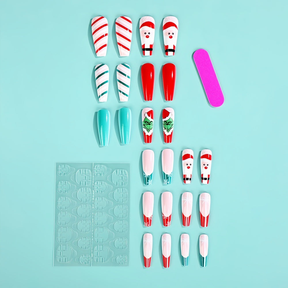 Festive Coffin Press-On Nails with Santa & Grinch Designs – Long Acrylic Glue-On Set