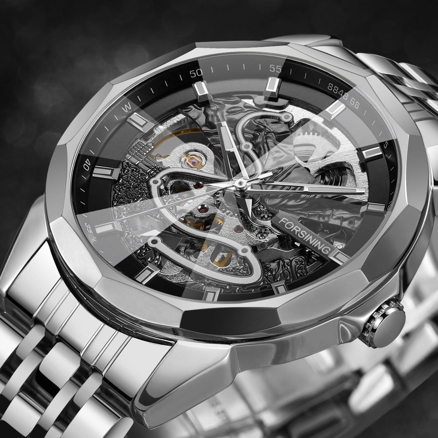 Men’s Mechanical Watch – Diamond Glass Dial, Stainless Steel Strap