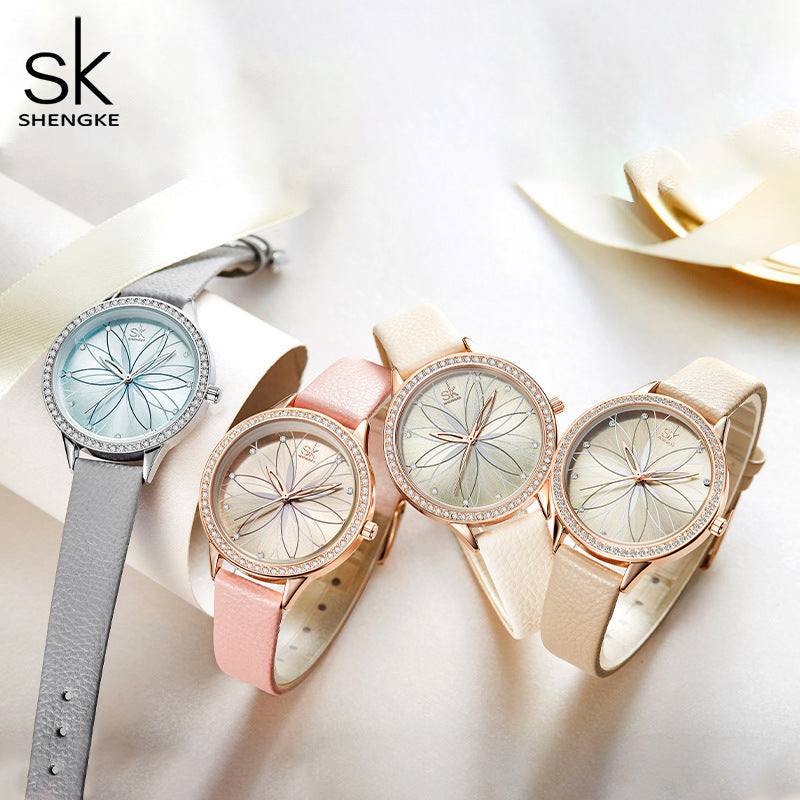 SK Fashion Women’s Quartz Watch – 30M Waterproof PU Strap, Sun Pattern Dial