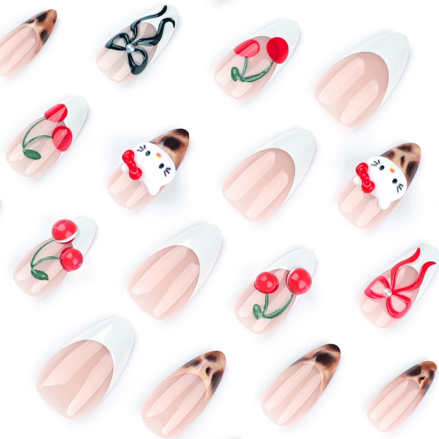 3D Hello Kitty Press-On Nails – Almond Shape with Cherry & Bow Design