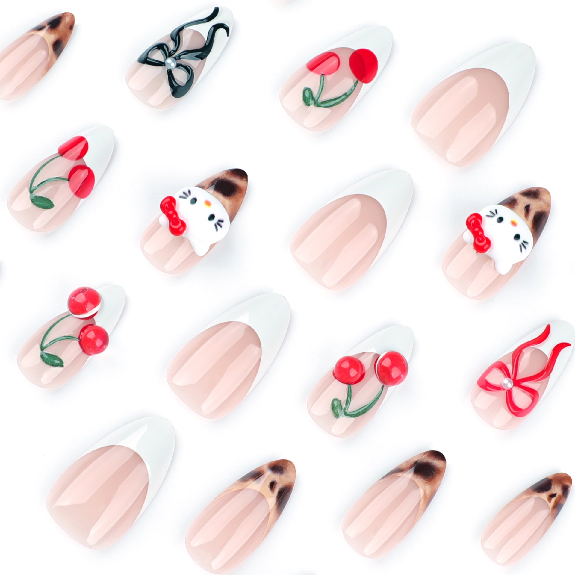 3D Hello Kitty Press-On Nails – Almond Shape with Cherry & Bow Design