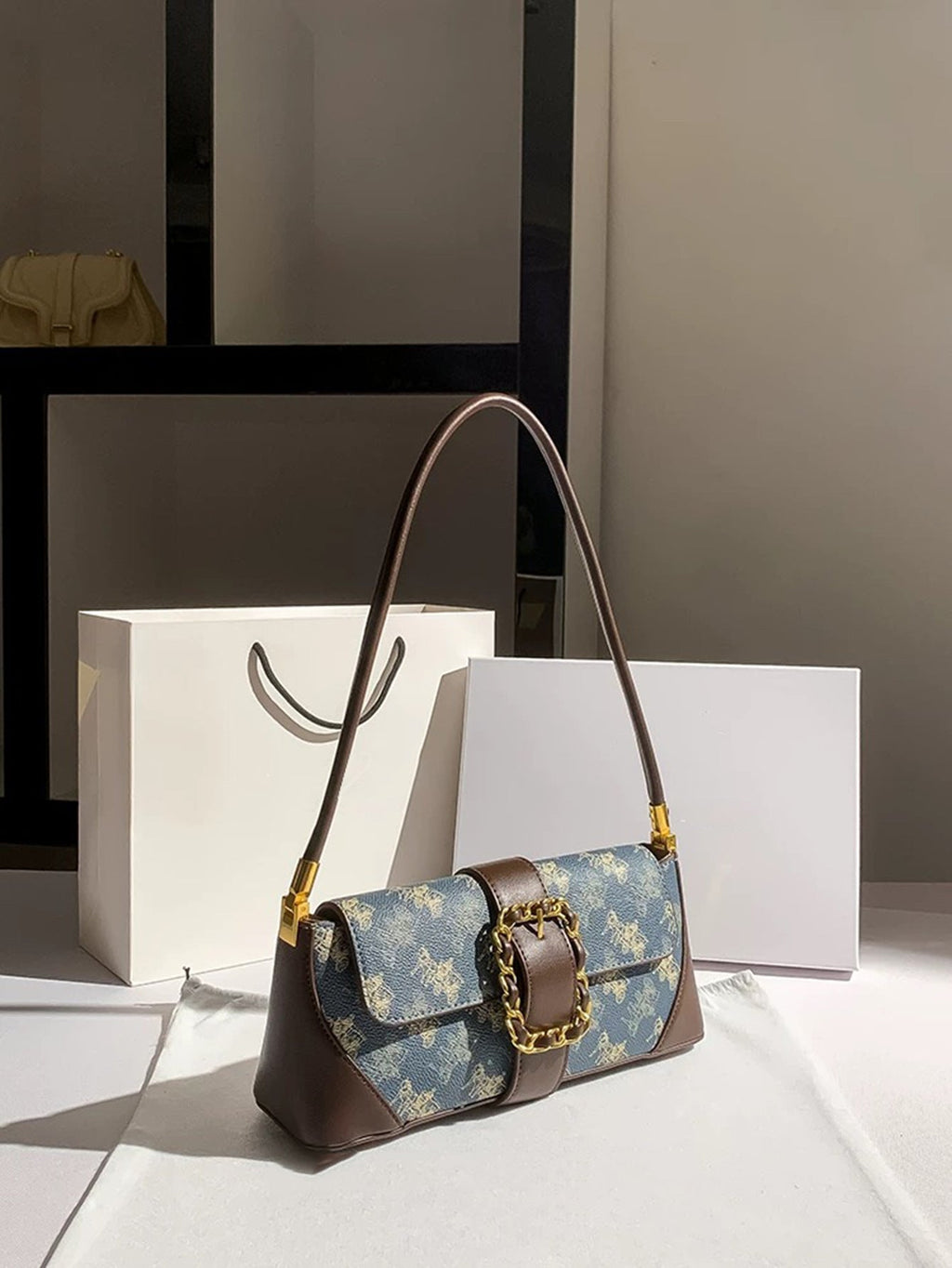 Vintage Horse & Carriage Pattern Shoulder Bag – PU Underarm Handbag for Women