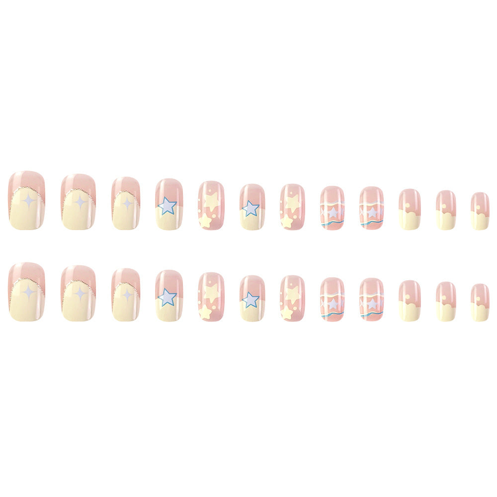 Starry Sky Press-On Nails – Pastel Cloud & Star Square Acrylic Nail Tips
