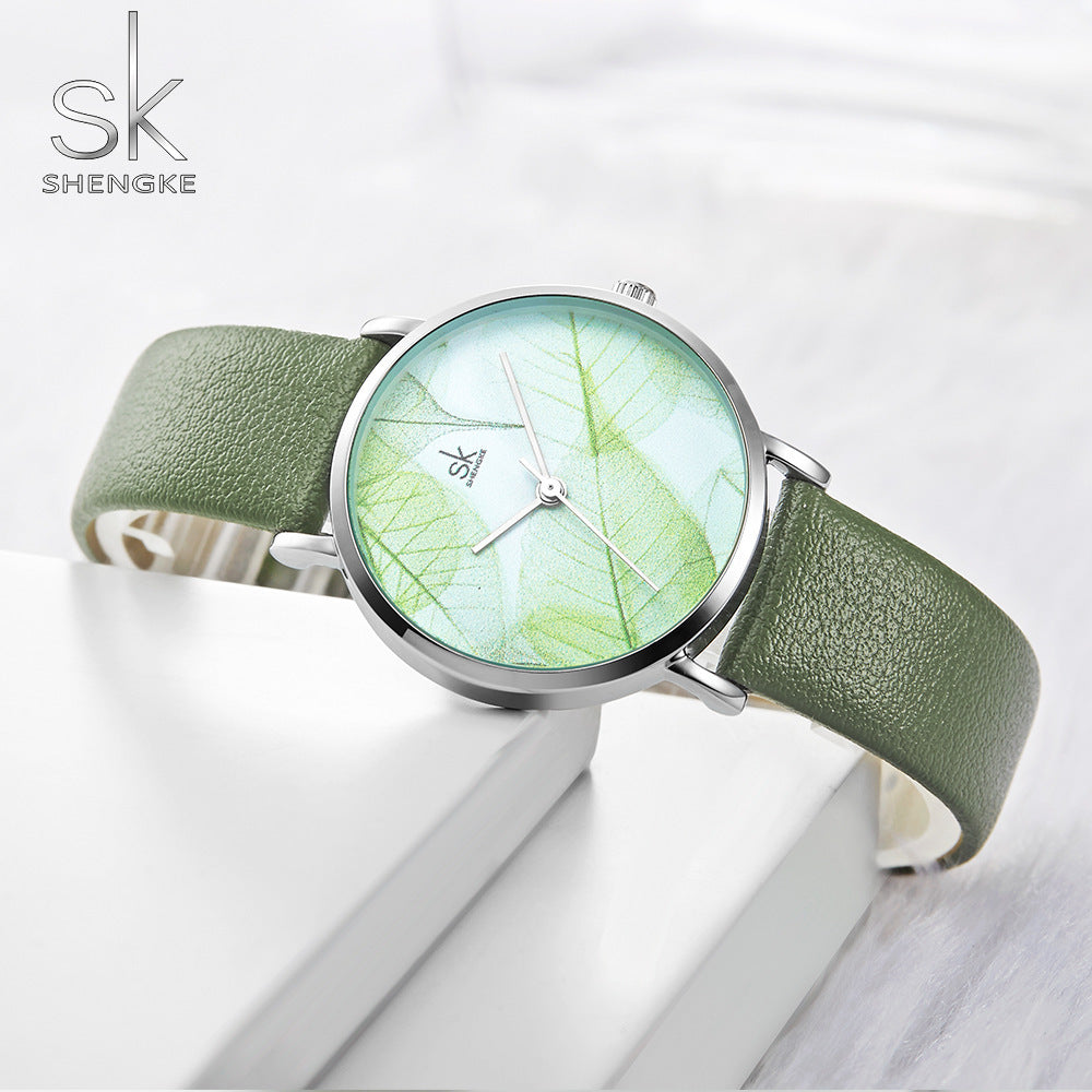 SK Women’s Quartz Watch – Leaf Design Dial with Leather Strap, Waterproof Timepiece