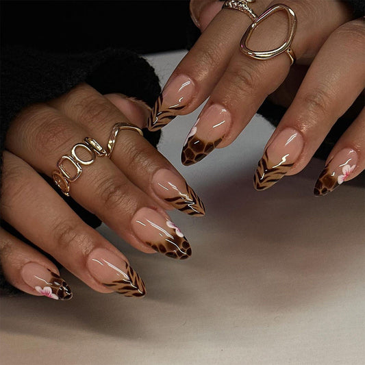 Leopard Print French Press-On Nails – Long Almond Floral ABS Nail Set