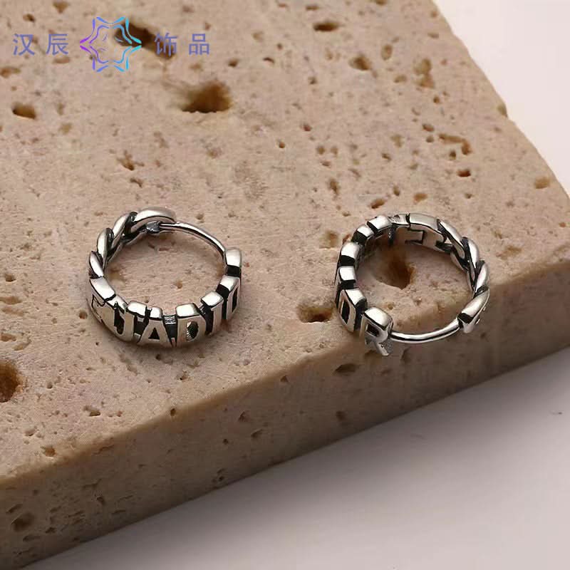 Retro Letter Earrings for Men – Stainless Steel Thai Silver Design Jewelry