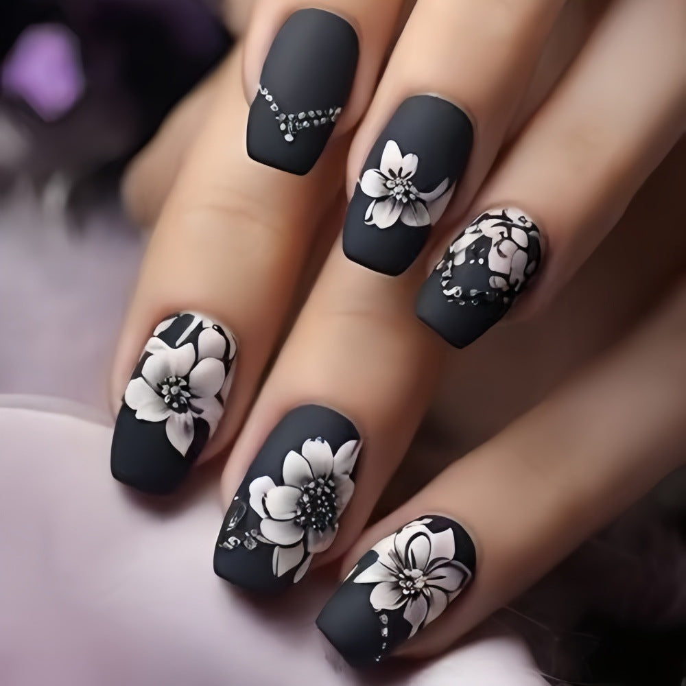 Black Press-On Nails with White 3D Floral & Rhinestone Design – Long Square Acrylic