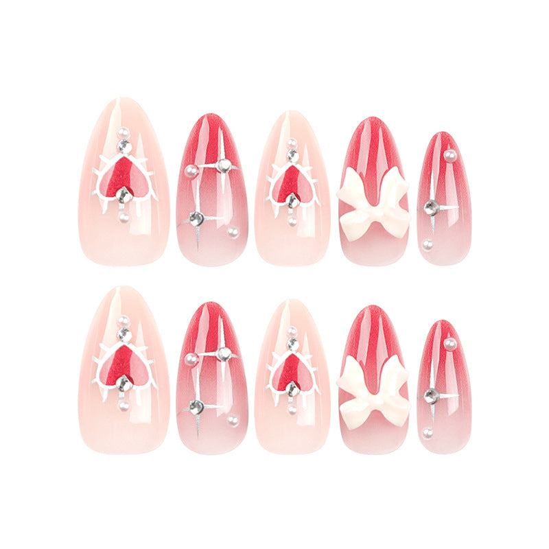 Valentine’s Day Press-On Nails – Medium Almond Red Heart & Pearl 3D Bow Design