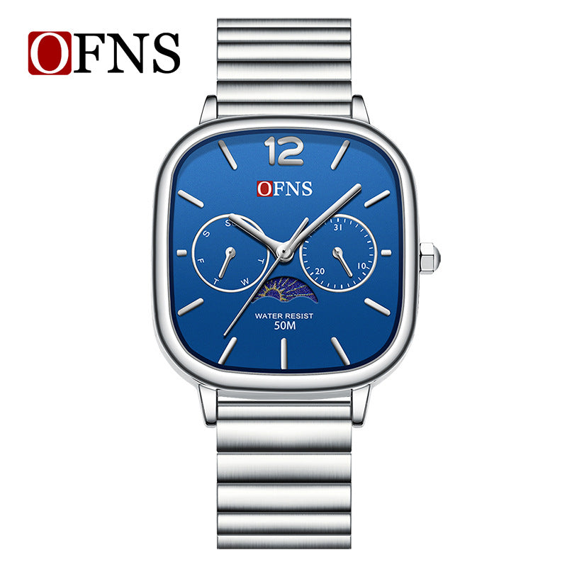 OFNS Square Quartz Watch with Moon Phase & Calendar – Waterproof Business Unisex Watch