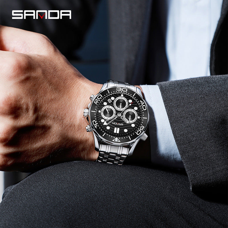 SANDA Men’s Stainless Steel Quartz Watch – Business Analog Wristwatch with Luminous Hands & Small Seconds