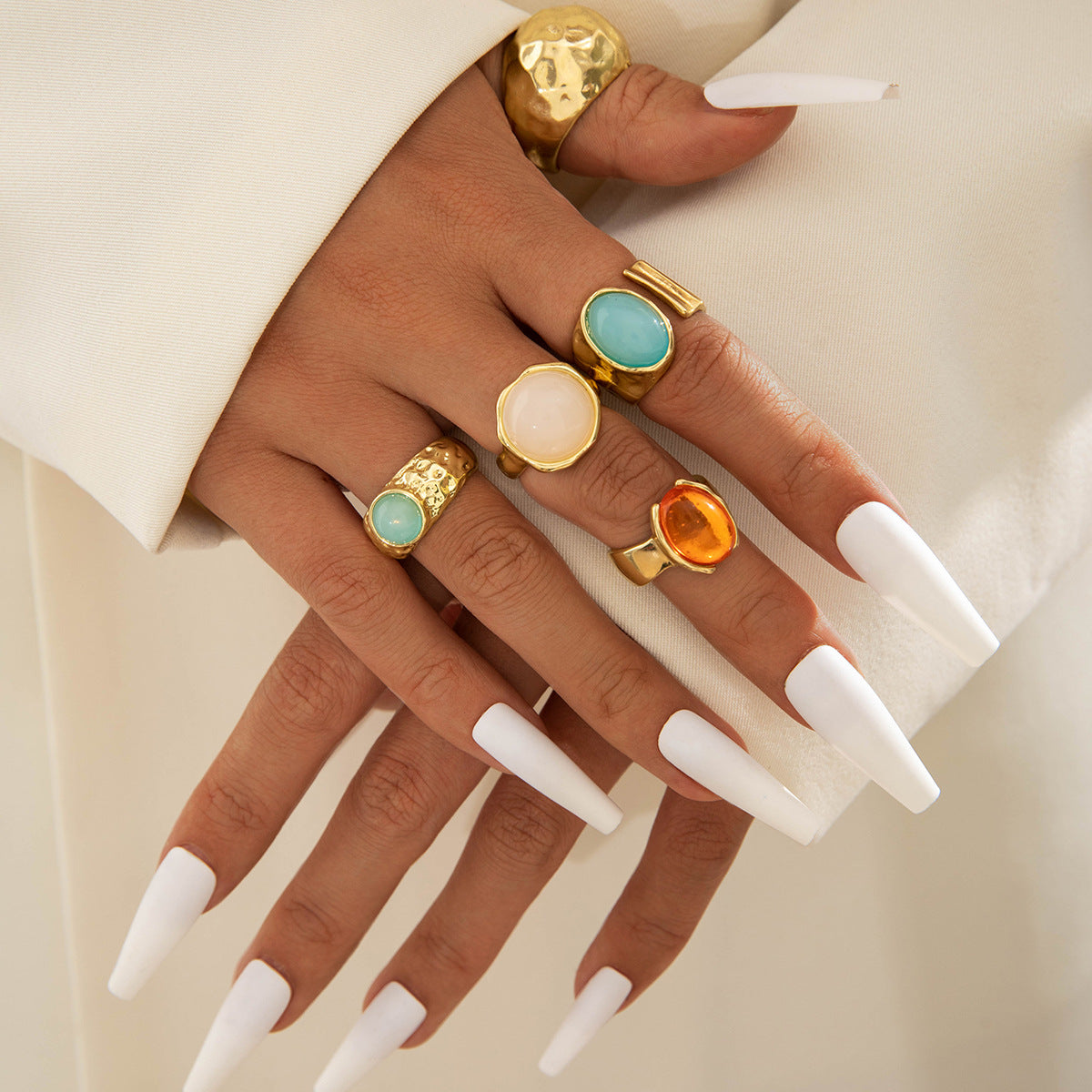 Retro Gemstone Ring Set – Gold Alloy Adjustable Rings for Women (5-pieces)