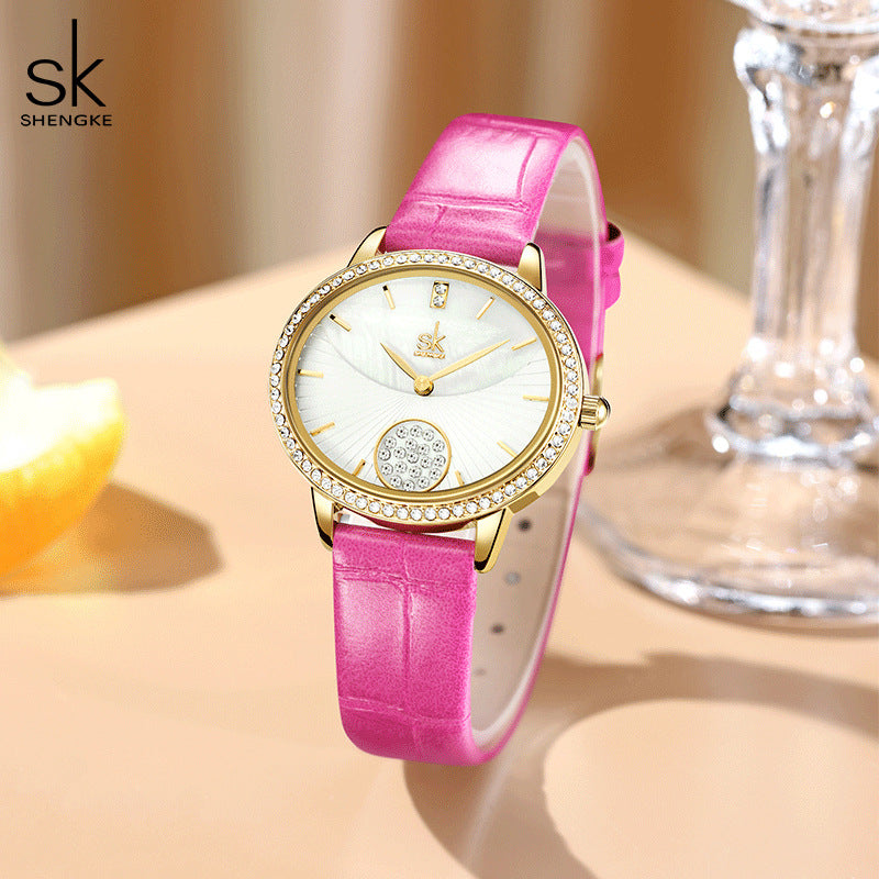 SK Women’s Diamond Quartz Watch – Casual Leather Strap, 30M Waterproof Round Dial