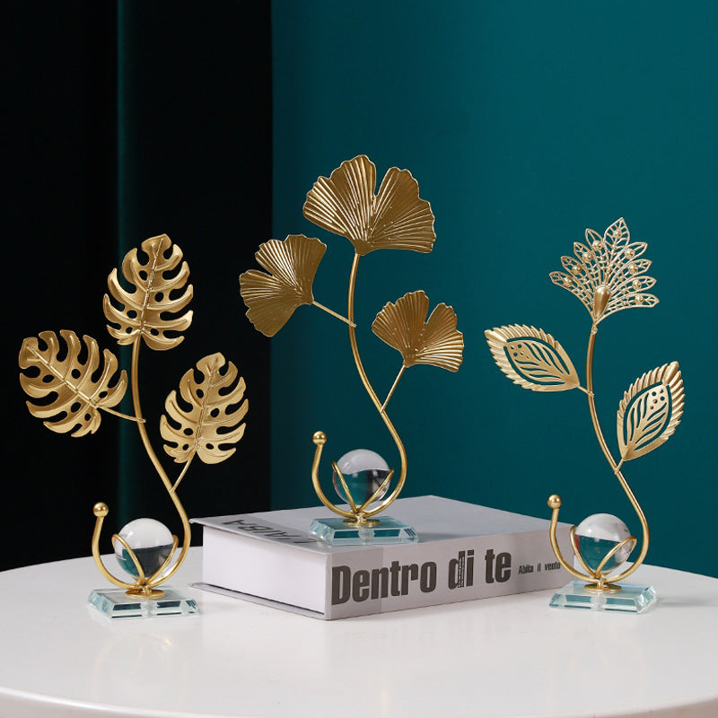 Modern Gold Leaf Crystal Ball Decor – Nordic Ginkgo & Peacock Leaf Ornament for Home