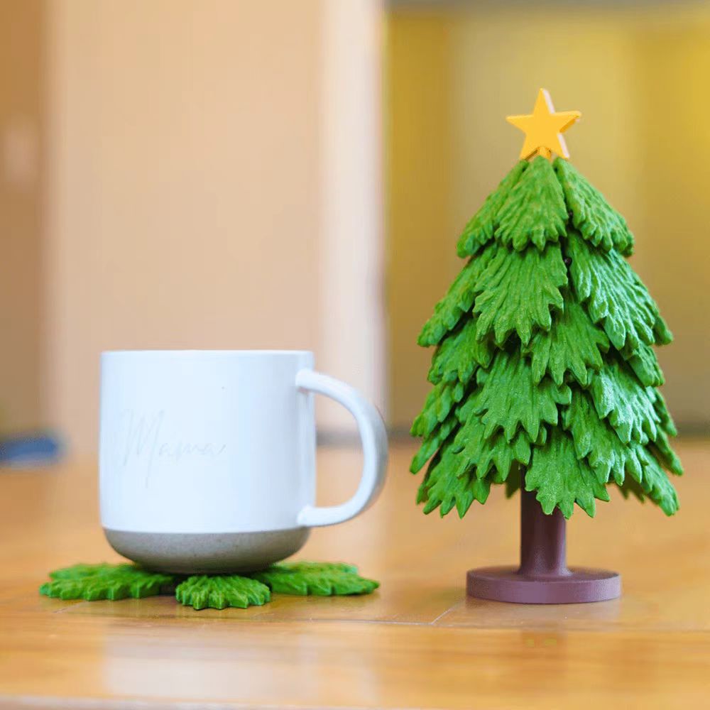 3D Christmas Tree Coaster Set – Festive Retractable Drink Mats with Stir Stick Stars