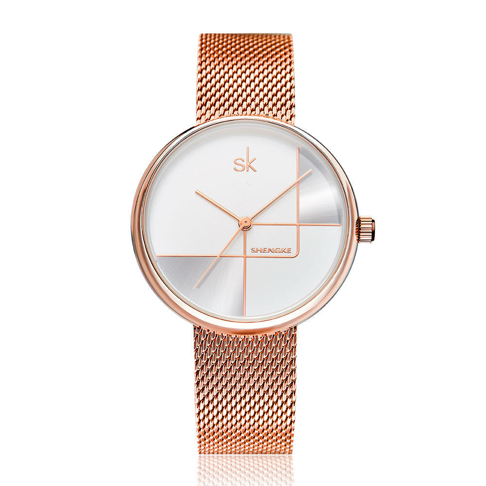 SK Women’s Quartz Watch – Stainless Steel Mesh Strap, Waterproof Fashion Wristwatch