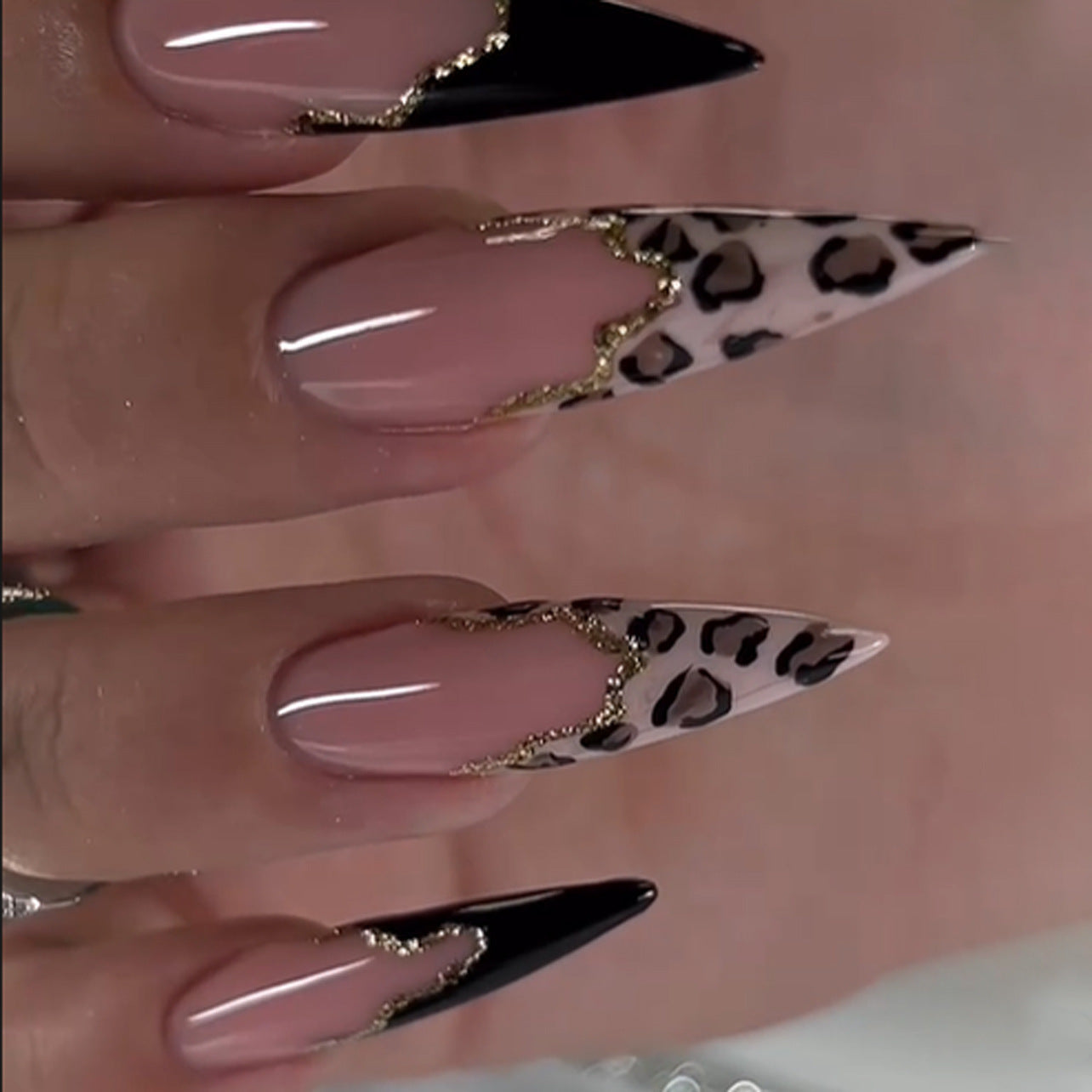 Bold Leopard Print Stiletto Press-On Nails – Long French Color Block Glue-On Set