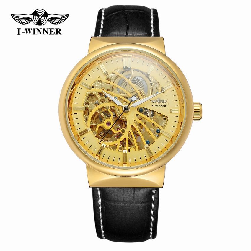 T-WINNER Automatic Mechanical Watch for Men – Waterproof Skeleton Dial Leather Strap