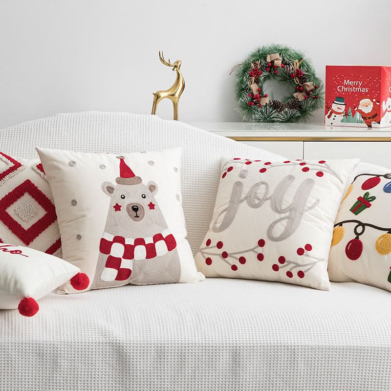 Christmas Embroidered Plaid Pillow Cover – 45x45cm