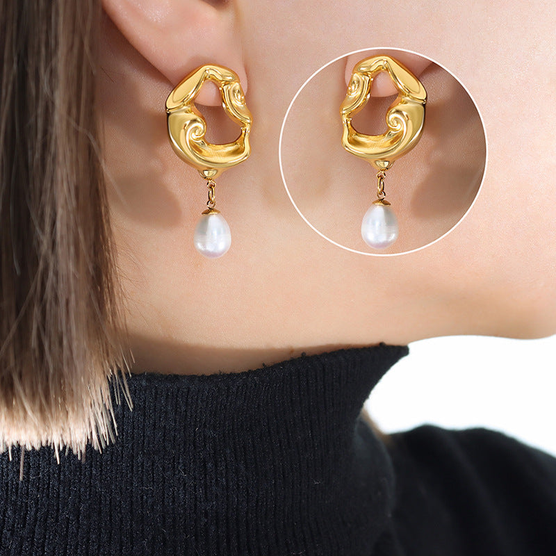 Gold Plated Geometric Pearl Earrings – Titanium Steel Statement Jewelry