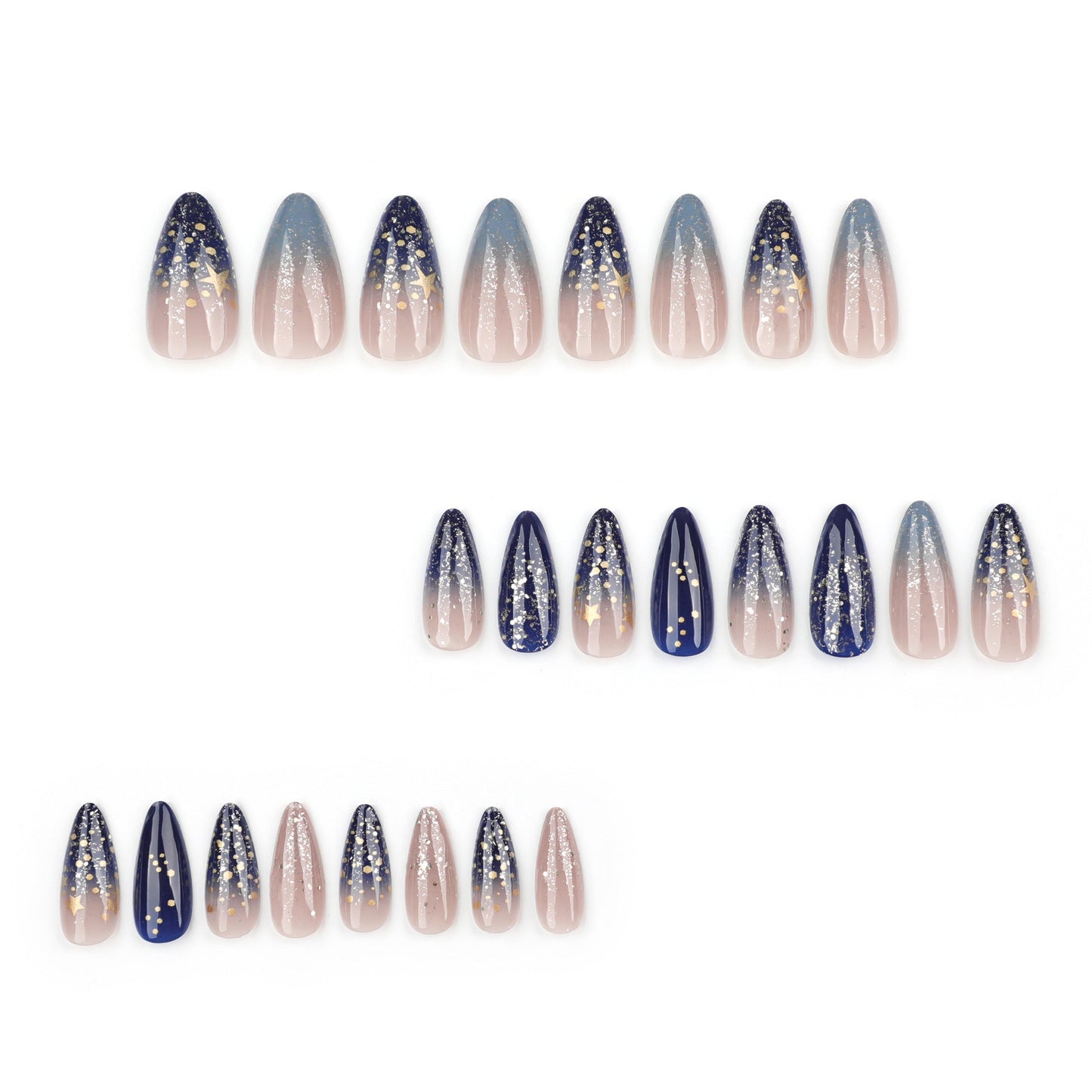 Celestial Stiletto Press-On Nails – Navy & Gold Gradient with Star Glitter, Long Glue-On Set