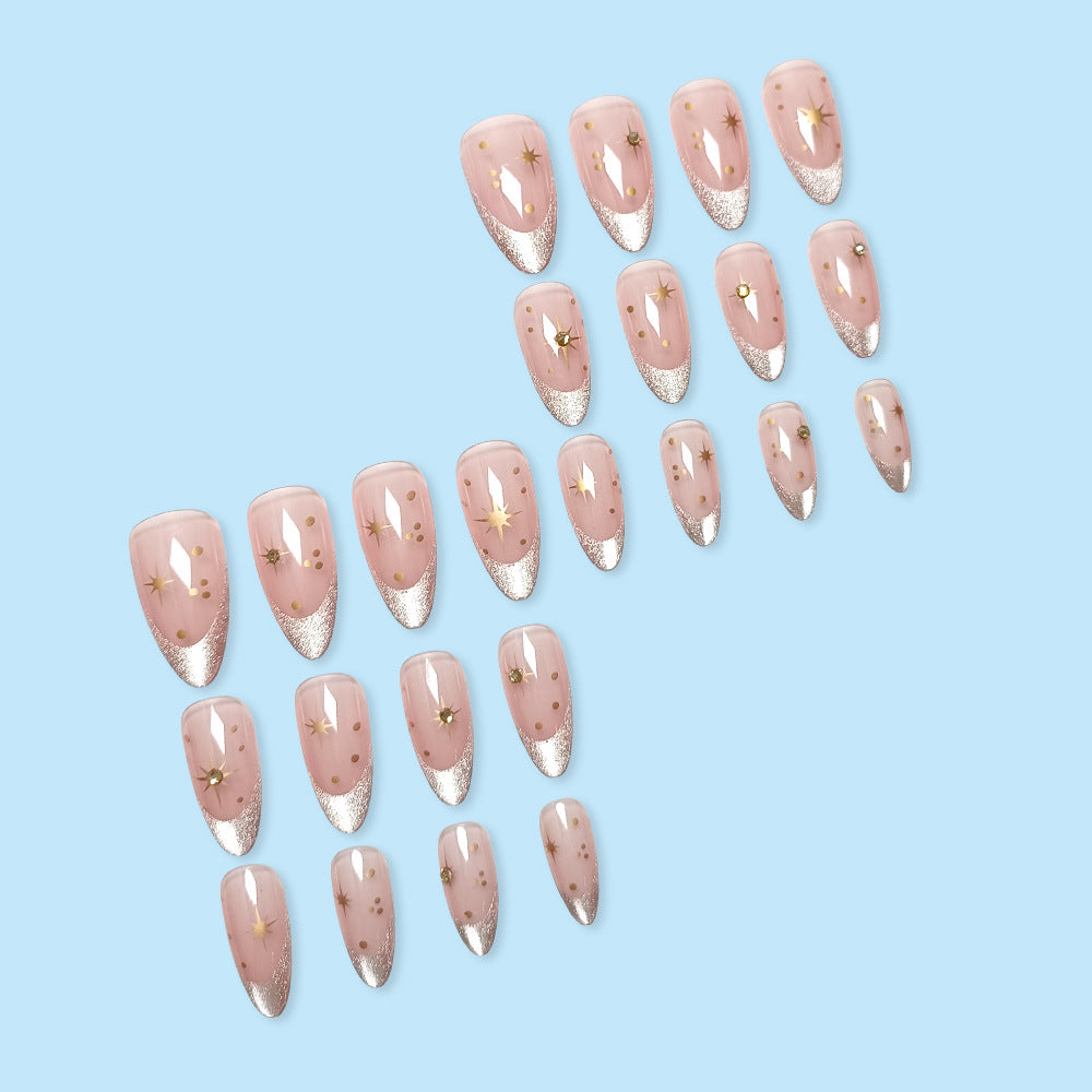 Cat Eye Press-On Nails – Metallic French Tip Stiletto Acrylic Nail Set with Starburst Design