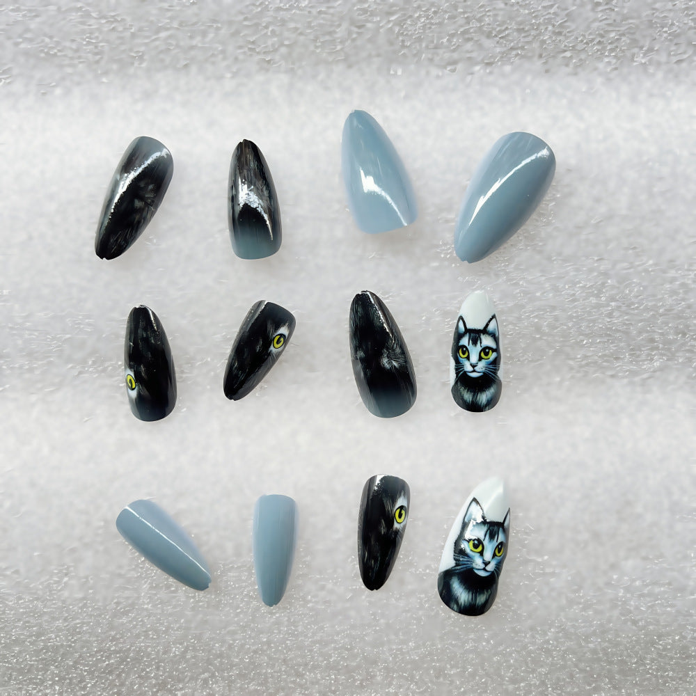 Gray Cat Design Stiletto Press-On Nails – Long Artistic Glue-On Acrylic Set