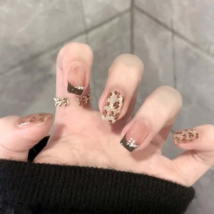 Leopard Print Press-on Nails – Glossy Square Gradient Design with Pearls
