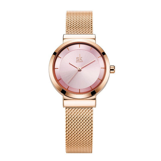 SK Women’s Fashion Quartz Watch – Stainless Steel Mesh Strap, 30M Waterproof Round Dial