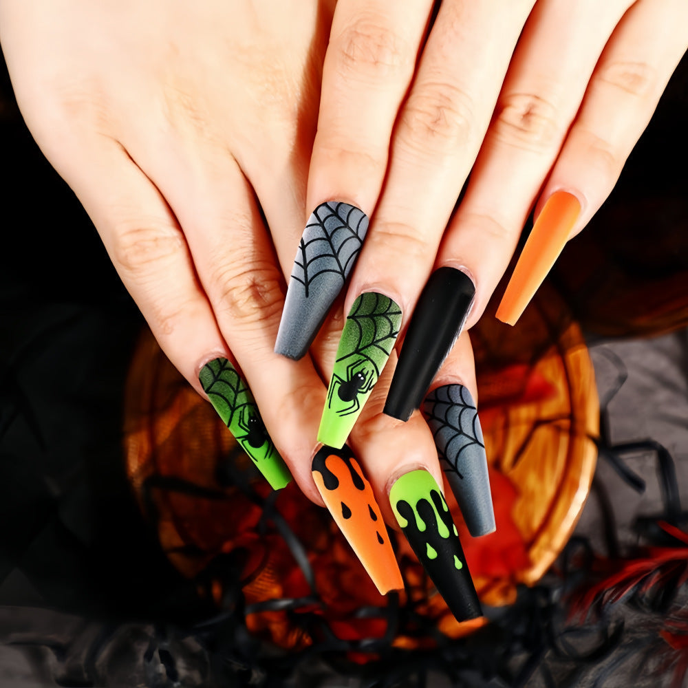 Halloween Spider Web Press-On Nails – Long Coffin Shape, Green & Orange Drip Design