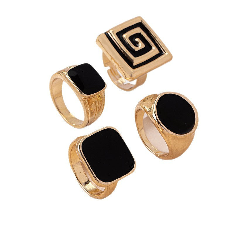 Black Geometric Enamel Ring for Women – Retro Alloy Fashion Jewelry