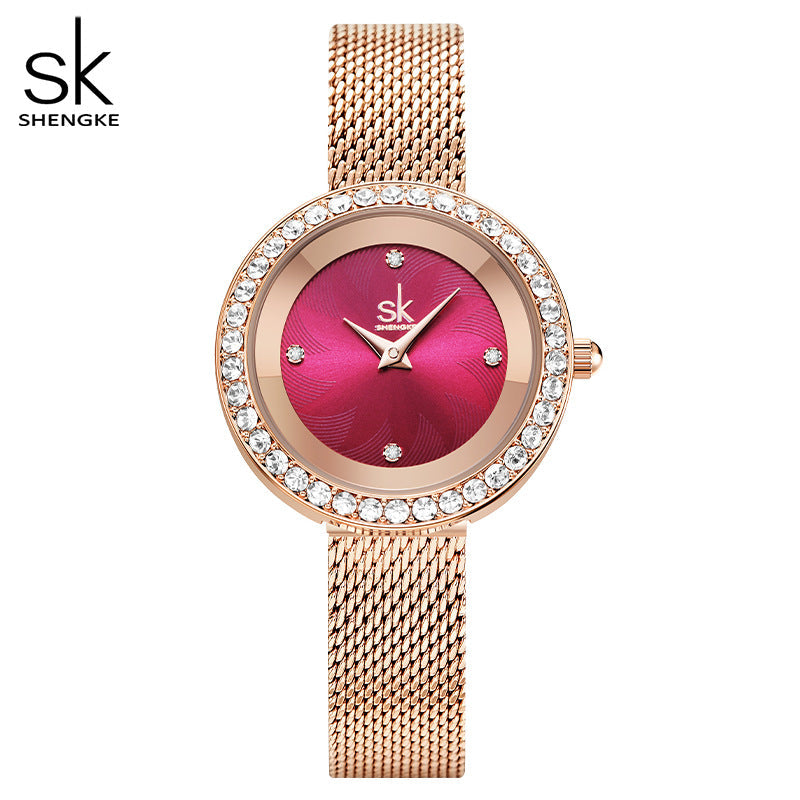 SK Women’s Diamond Quartz Watch – Luxury Mesh Strap, 30M Waterproof Wristwatch