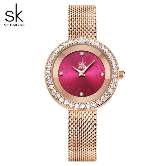 SK Women’s Diamond Quartz Watch – Luxury Mesh Strap, 30M Waterproof Wristwatch