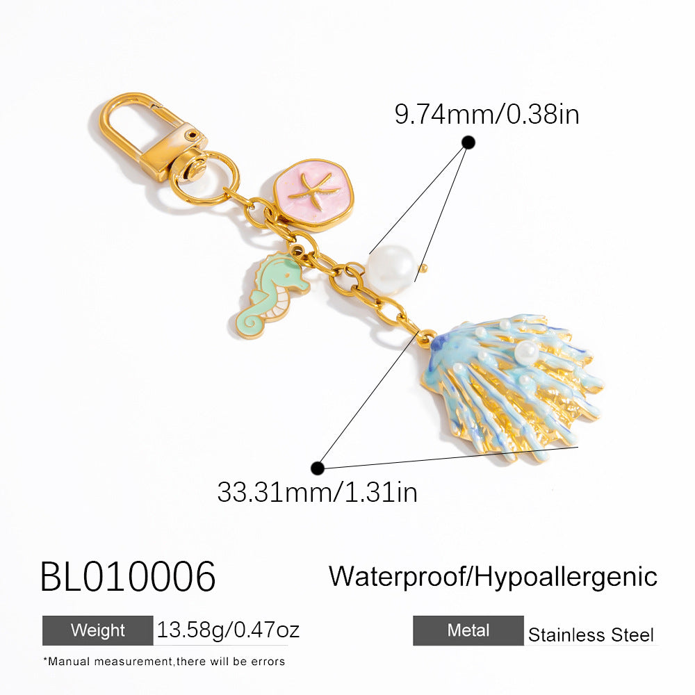 Ocean-Inspired Shell Keychain – Gold Stainless Steel Pendant with Pearl Accent