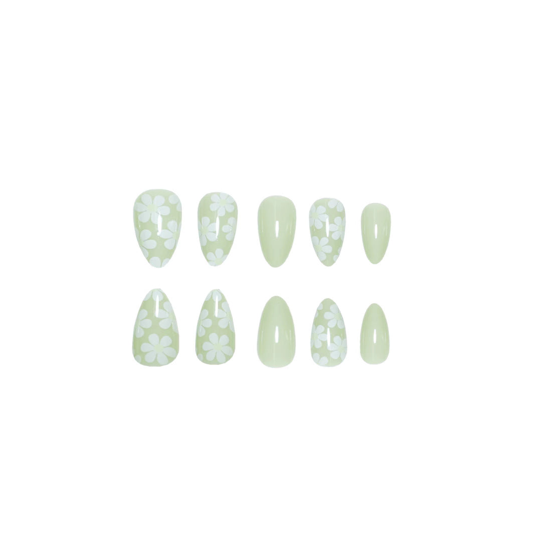 Floral Press-On Nails, Medium Almond Acrylic Glue-On Set – Sage Green Short Nails Set