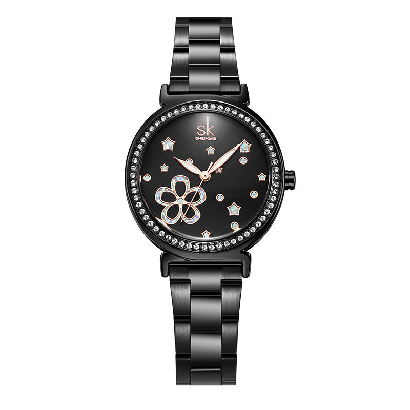 SK Women’s Diamond Quartz Watch – Stainless Steel Strap, Round Dial, 30M Waterproof