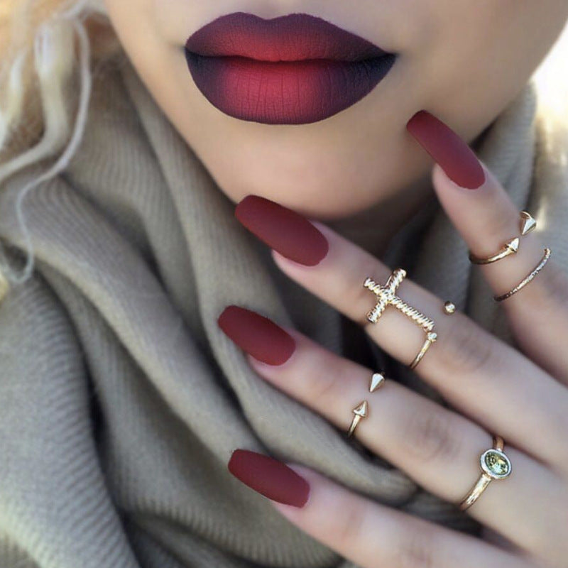 Matte Ombre Press-On Nails – Long Almond Burgundy Acrylic Nail Set