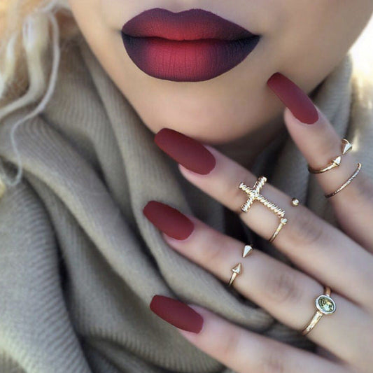 Matte Ombre Press-On Nails – Long Almond Burgundy Acrylic Nail Set